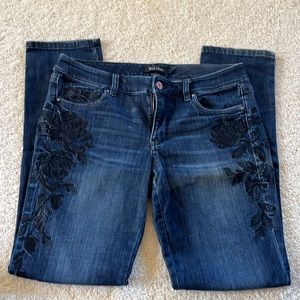 White House Black Market dark blue embellished slim leg denim